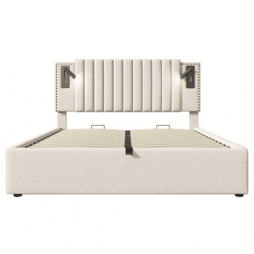 Cama estofada 180x200 - de casal com arrumação, cabeceira com luz de leitura e porta USB, encosto com design de rebites, base e baú - bege