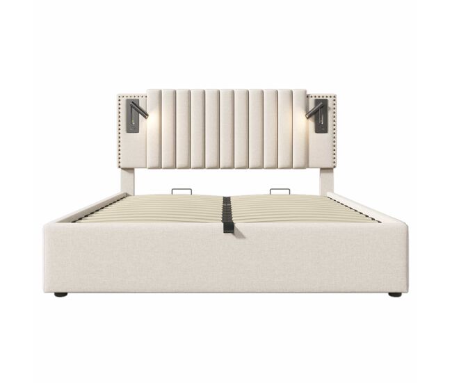 Cama tapizada 180x200 - doble con almacenamiento, cabezal con luz de lectura y puerto usb, respaldo con diseño de remaches, somier y canapé - beige