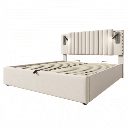 Cama estofada 180x200 - de casal com arrumação, cabeceira com luz de leitura e porta USB, encosto com design de rebites, base e baú - bege