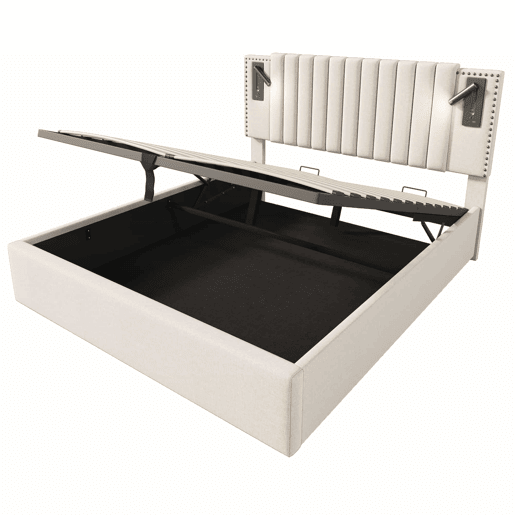Cama estofada 180x200 - de casal com arrumação, cabeceira com luz de leitura e porta USB, encosto com design de rebites, base e baú - bege