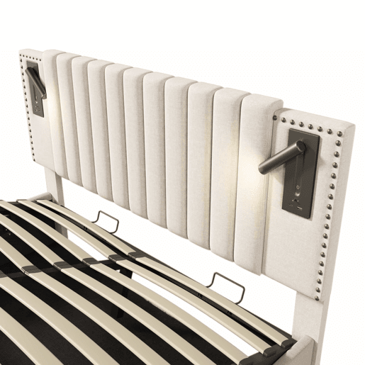 Cama estofada 180x200 - de casal com arrumação, cabeceira com luz de leitura e porta USB, encosto com design de rebites, base e baú - bege
