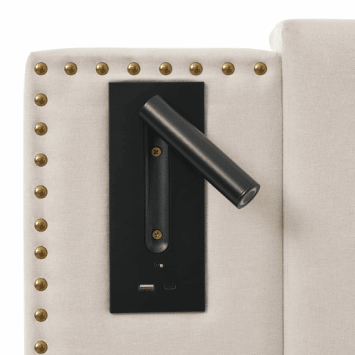Cama estofada 180x200 - de casal com arrumação, cabeceira com luz de leitura e porta USB, encosto com design de rebites, base e baú - bege