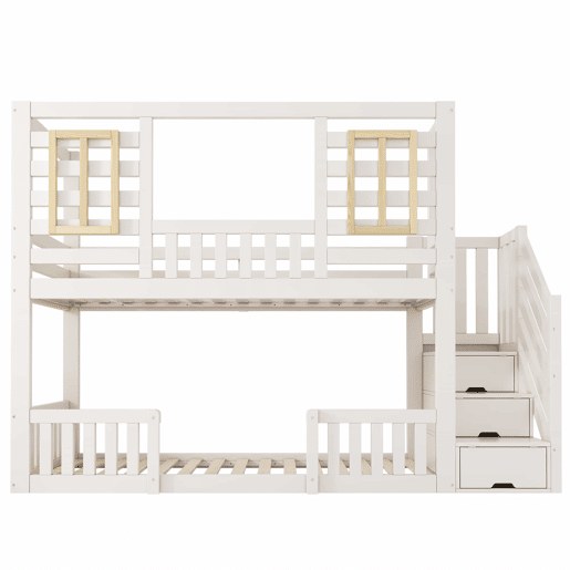 Cama alta infantil 90x200 cm - estilo cabana com janelas de madeira e armário em forma de escada, 2 camas, com base de colchão, EN 747, sem colchão - Branco