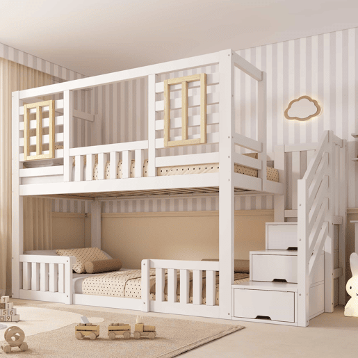 Cama alta infantil 90x200 cm - estilo cabana com janelas de madeira e armário em forma de escada, 2 camas, com base de colchão, EN 747, sem colchão - Branco