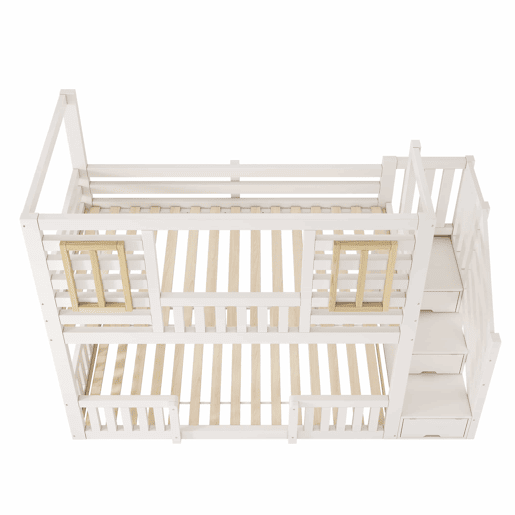 Cama alta infantil 90x200 cm - estilo cabana com janelas de madeira e armário em forma de escada, 2 camas, com base de colchão, EN 747, sem colchão - Branco