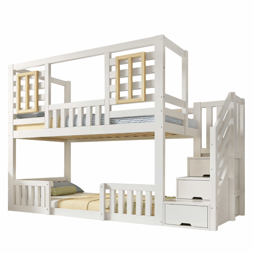 Cama alta infantil 90x200 cm - estilo cabana com janelas de madeira e armário em forma de escada, 2 camas, com base de colchão, EN 747, sem colchão - Branco