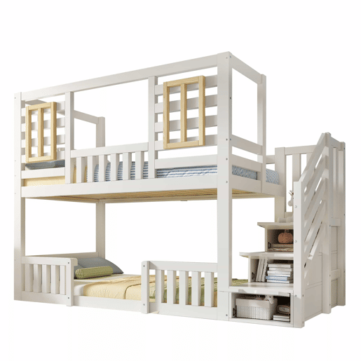 Cama alta infantil 90x200 cm - estilo cabana com janelas de madeira e armário em forma de escada, 2 camas, com base de colchão, EN 747, sem colchão - Branco