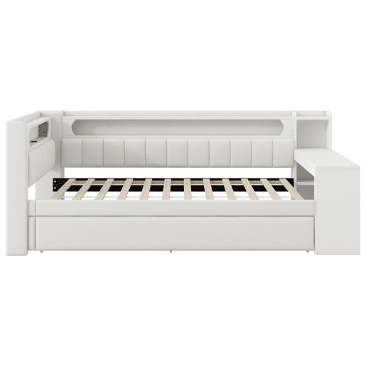 Cama de dia 90x200 - Estofada com LED e USB, com cama extra e secretária - Branca Cama de dia 90x200 - Estofada com LED e USB, com cama extra e secretária - Branca