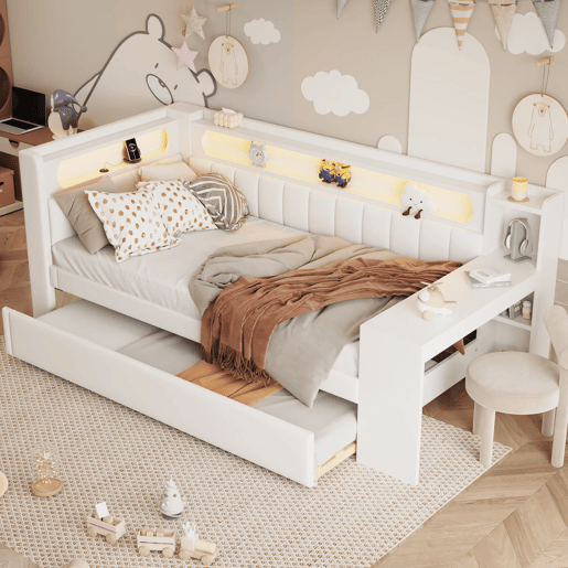 Cama de dia 90x200 - Estofada com LED e USB, com cama extra e secretária - Branca Cama de dia 90x200 - Estofada com LED e USB, com cama extra e secretária - Branca