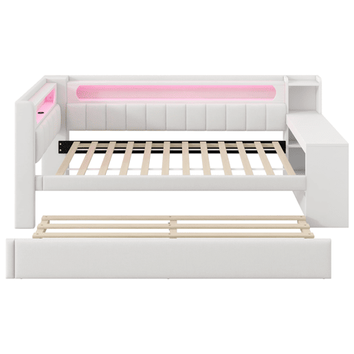 Cama de dia 90x200 - Estofada com LED e USB, com cama extra e secretária - Branca Cama de dia 90x200 - Estofada com LED e USB, com cama extra e secretária - Branca