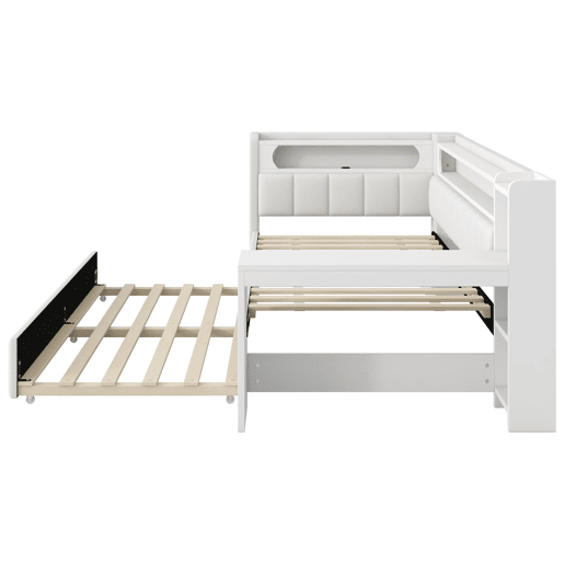Cama de dia 90x200 - Estofada com LED e USB, com cama extra e secretária - Branca Cama de dia 90x200 - Estofada com LED e USB, com cama extra e secretária - Branca