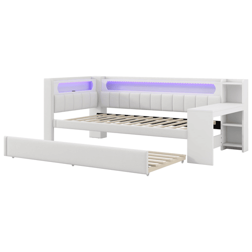Cama de dia 90x200 - Estofada com LED e USB, com cama extra e secretária - Branca Cama de dia 90x200 - Estofada com LED e USB, com cama extra e secretária - Branca