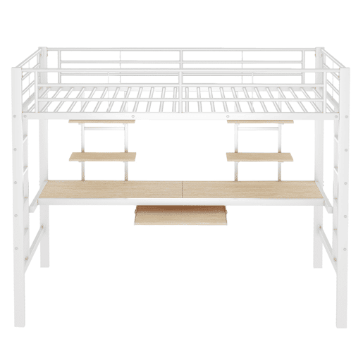 Cama alta 90x200 cm - Metal com secretária e 2 estantes para crianças e adultos - Branco