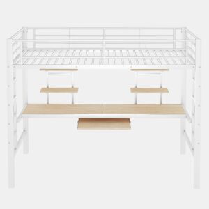 Cama alta 90x200 cm - Metal com secretária e 2 estantes para crianças e adultos - Branco