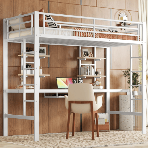 Cama alta 90x200 cm - Metal com secretária e 2 estantes para crianças e adultos - Branco