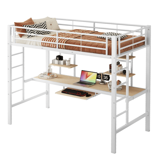 Cama alta 90x200 cm - Metal com secretária e 2 estantes para crianças e adultos - Branco