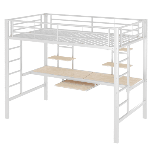 Cama alta 90x200 cm - Metal com secretária e 2 estantes para crianças e adultos - Branco