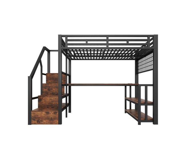Cama alta 140x200 cm - marco de hierro, escritorio, led, estantería, usb/tipo-c - negro