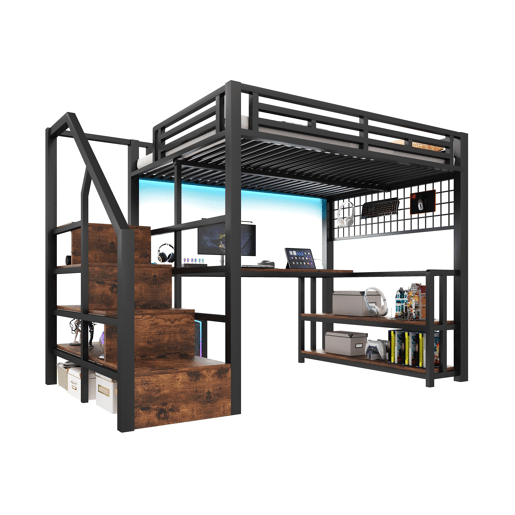 Cama alta 140x200 cm - Estrutura em ferro, secretária, LED, estante, USBTipo-C - Preto