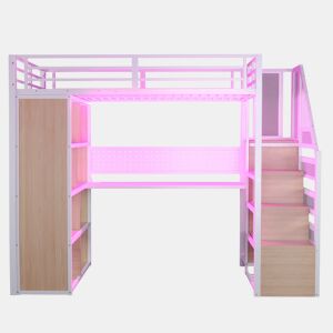 Cama alta metálica 90x200 cm - com armário, secretária e LED - branco