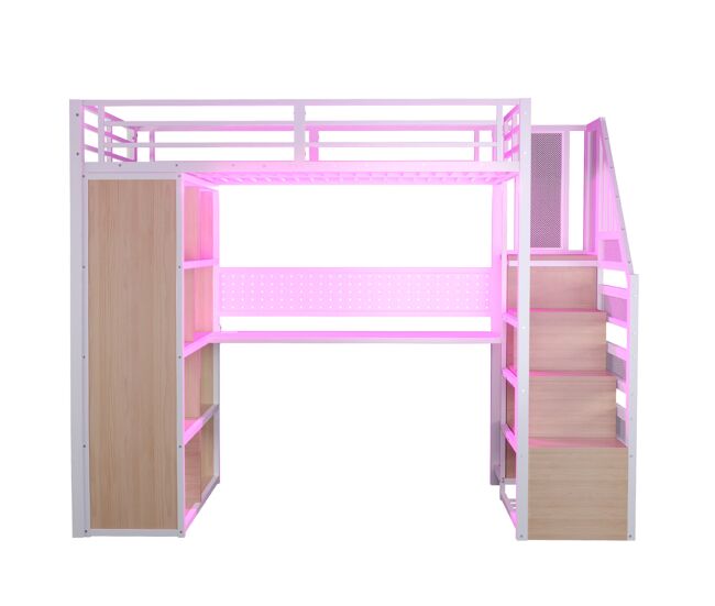Cama alta metálica 90x200 cm - con armario, escritorio y led - blanco