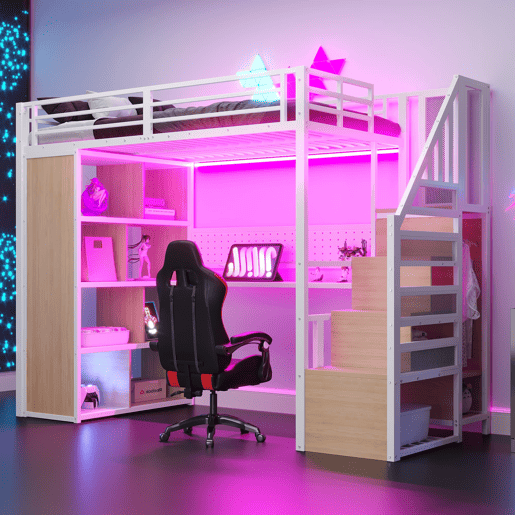 Cama alta metálica 90x200 cm - com armário, secretária e LED - branco
