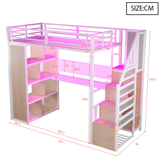 Cama alta metálica 90x200 cm - com armário, secretária e LED - branco