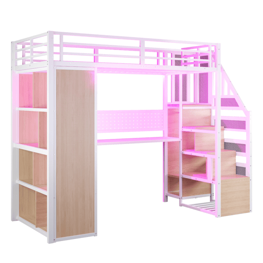 Cama alta metálica 90x200 cm - com armário, secretária e LED - branco