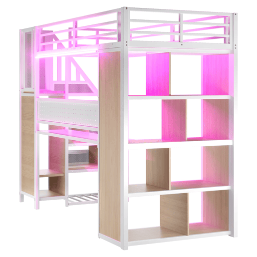 Cama alta metálica 90x200 cm - com armário, secretária e LED - branco