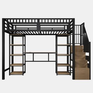 Cama alta 90x200 cm - Estrutura metálica, secretária, escada com arrumação, LED, porta USB, preta