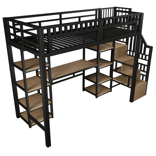 Cama alta 90x200 cm - Estrutura metálica, secretária, escada com arrumação, LED, porta USB, preta
