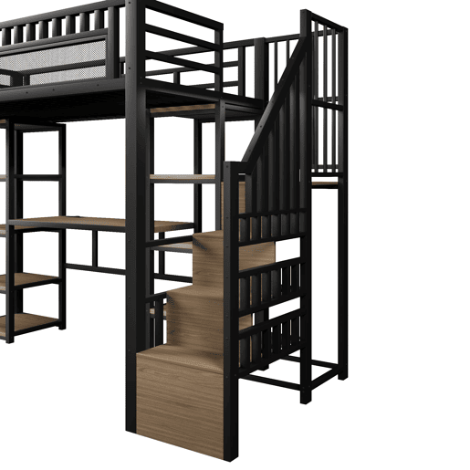 Cama alta 90x200 cm - Estrutura metálica, secretária, escada com arrumação, LED, porta USB, preta