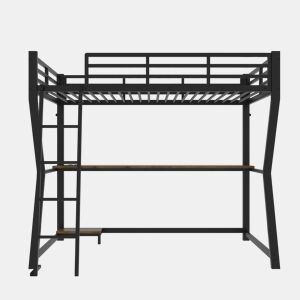 Cama alta 90x200cm - Com luzes LED, prateleira para consola, secretária, tomada + USB, grade, escada, sem colchão - Preto
