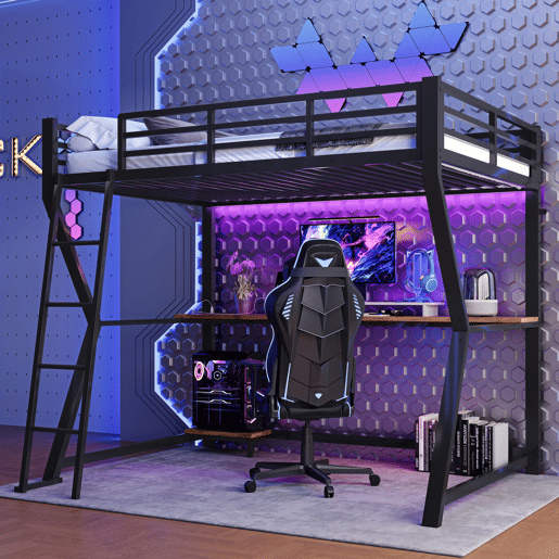 Cama alta 90x200cm - Com luzes LED, prateleira para consola, secretária, tomada + USB, grade, escada, sem colchão - Preto