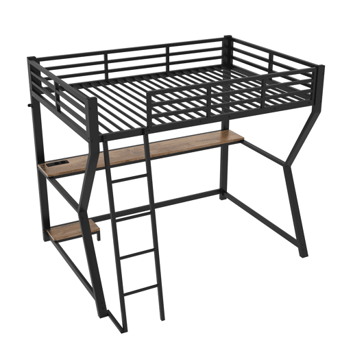 Cama alta 90x200cm - Com luzes LED, prateleira para consola, secretária, tomada + USB, grade, escada, sem colchão - Preto