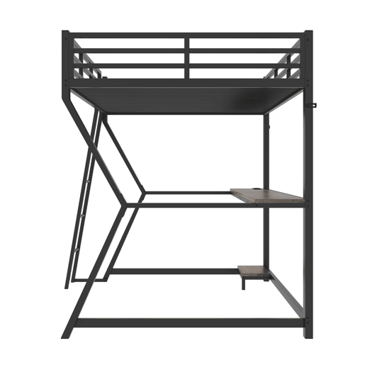 Cama alta 90x200cm - Com luzes LED, prateleira para consola, secretária, tomada + USB, grade, escada, sem colchão - Preto