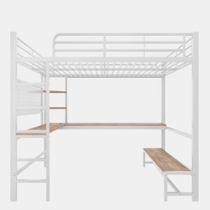 Cama loft 140x200 cm - Secretária, Frigorífico, Escada, USB + Tipo C, LED, Branco