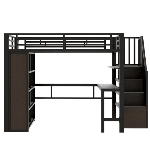 Cama alta 140x200 - Estrutura de ferro, secretária, prateleira, LED, escada com arrumação - Preto