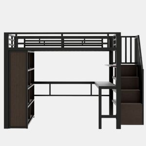 Cama alta 140x200 - Estrutura de ferro, secretária, prateleira, LED, escada com arrumação - Preto