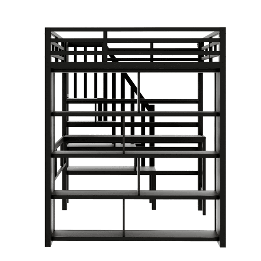 Cama alta 140x200 - Estrutura de ferro, secretária, prateleira, LED, escada com arrumação - Preto