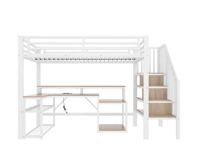 Cama alta 90x200 cm - estructura metal, escritorio, escalera con almacenamiento, led, usb - blanco