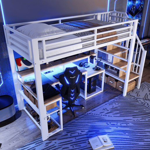 Cama alta 90x200 cm - Estrutura metálica, secretária, escada com arrumação, LED, USB - Branco