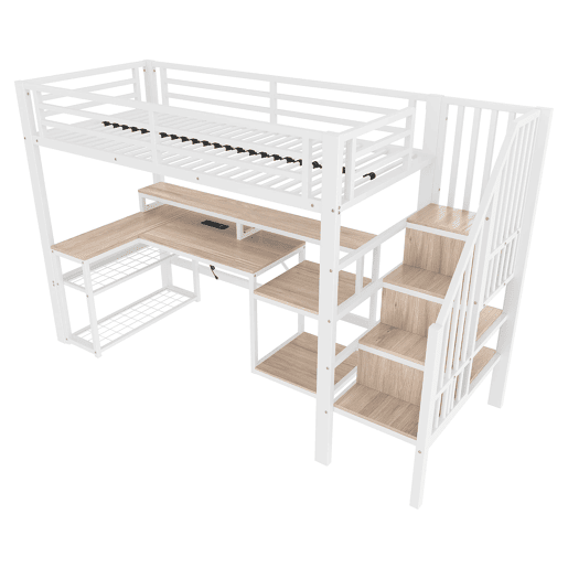 Cama alta 90x200 cm - Estrutura metálica, secretária, escada com arrumação, LED, USB - Branco