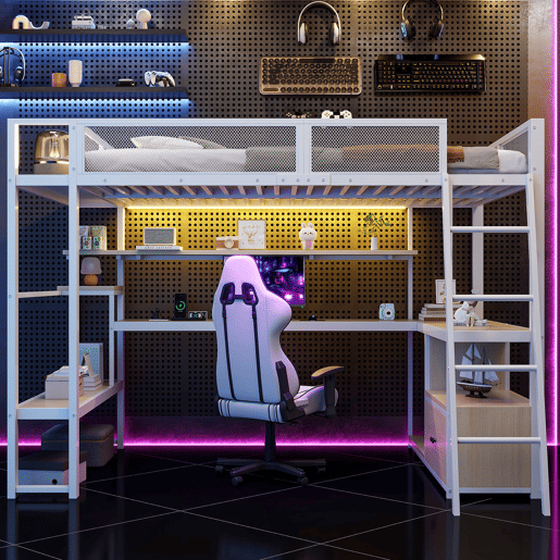 Cama alta metálica para jogos 140x200 - secretária integrada, LED e amplo espaço de armazenamento - Branco