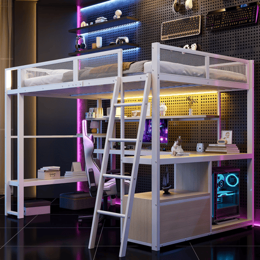 Cama alta metálica para jogos 140x200 - secretária integrada, LED e amplo espaço de armazenamento - Branco