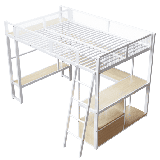 Cama alta metálica para jogos 140x200 - secretária integrada, LED e amplo espaço de armazenamento - Branco