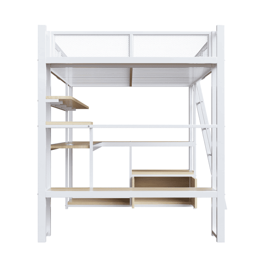 Cama alta metálica para jogos 140x200 - secretária integrada, LED e amplo espaço de armazenamento - Branco