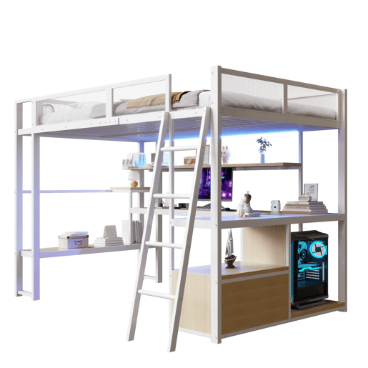 Cama alta metálica para jogos 140x200 - secretária integrada, LED e amplo espaço de armazenamento - Branco