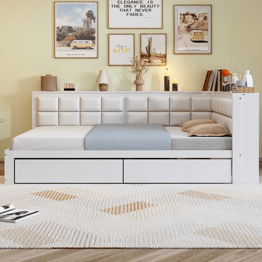 Sofá-cama em madeira 140 x 200 cm - cama multifuncional com encosto acolchoado e gaveta grande para arrumação - pinho branco