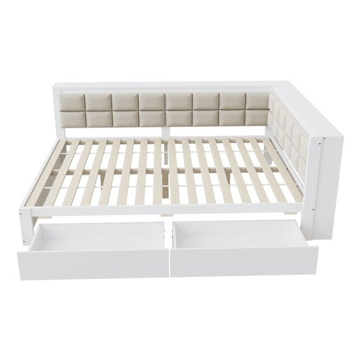 Sofá-cama em madeira 140 x 200 cm - cama multifuncional com encosto acolchoado e gaveta grande para arrumação - pinho branco